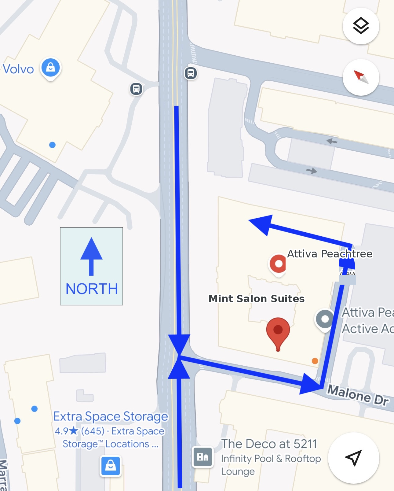 Map: drive north up Peachtree Boulevard, turn right onto Malone Drive, turn left at the Attiva Building entrance, and park in the free covered deck at the end on the left.