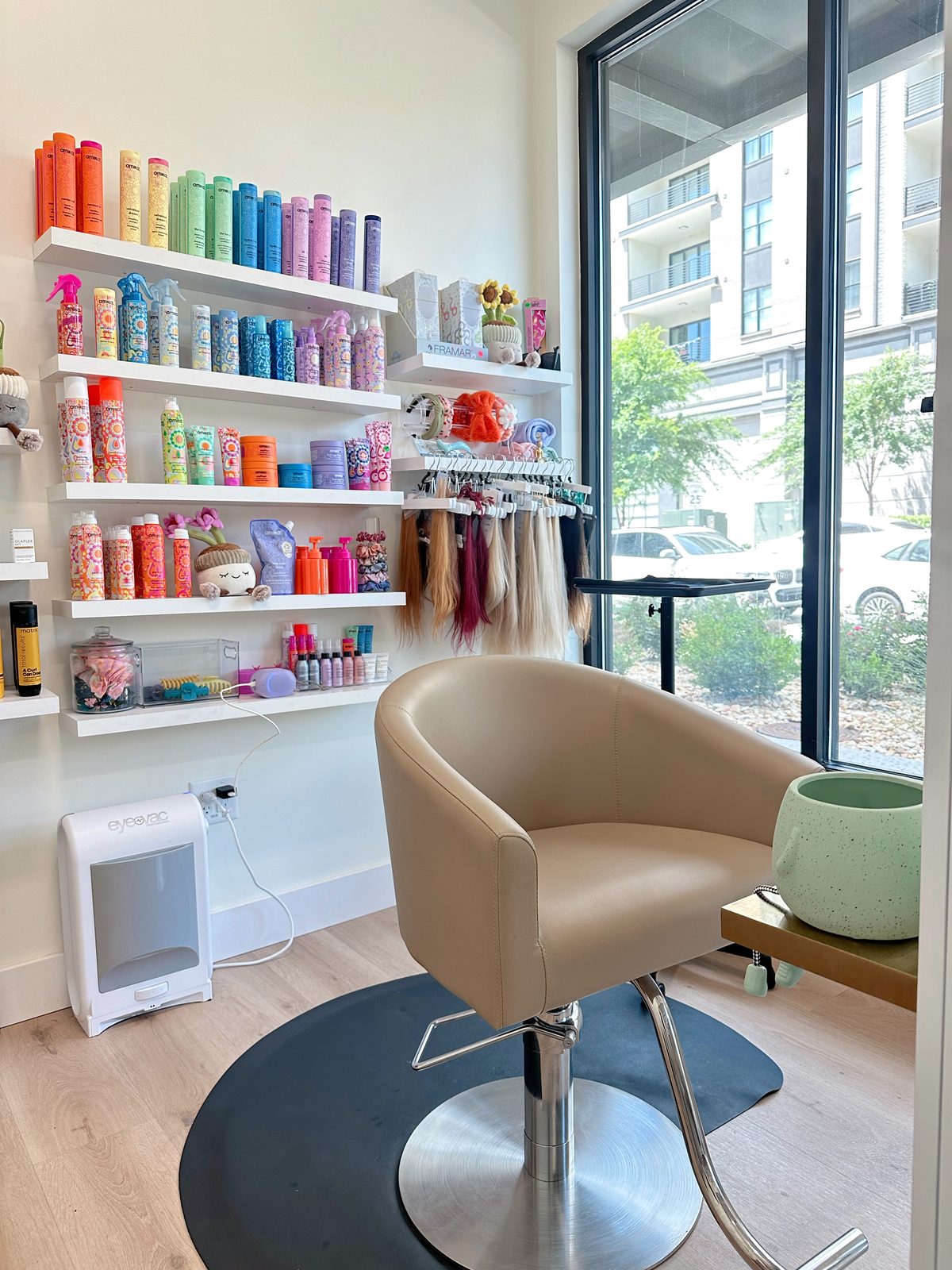 Suite retail wall with colorful product shelves